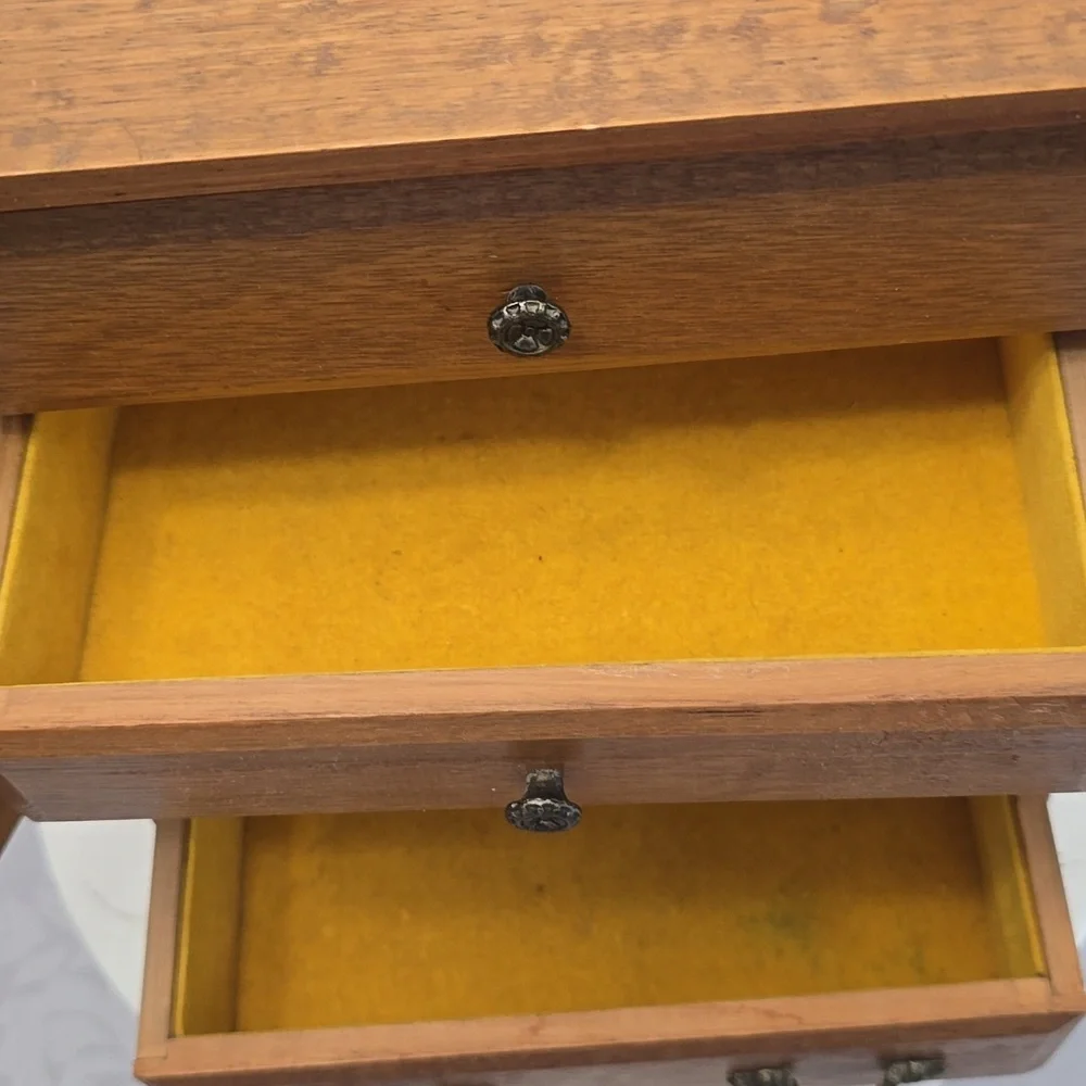 Vintage Mid Century Wood Music Jewelry Box 4 Drawers Mesh Wire Door Metal Pulls